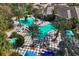 Aerial view of community pool, lounging areas, and tropical landscaping at 11435 Fort Lauderdale Pl, Venice, FL 34293