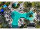 Aerial view of a uniquely shaped community pool featuring a jacuzzi, sundeck, and palm trees at 11435 Fort Lauderdale Pl, Venice, FL 34293