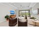 Bright living room with high ceilings, ceiling fan, and sliding glass doors to the lanai and pool at 15707 Sacile Ln, Bradenton, FL 34211