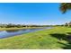 Scenic backyard pond surrounded by lush greenery and views of neighboring homes at 15707 Sacile Ln, Bradenton, FL 34211