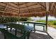 Interior view of shaded beach picnic area with a table and benches at 19 Whispering Sands Dr # 805, Sarasota, FL 34242