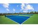 Bright blue tennis and pickleball courts surrounded by palm trees under a sunny sky at 2578 Wild Cherry Path, Sarasota, FL 34240