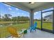 Enjoy the view of a pond from this screened patio with outdoor seating at 2721 Greenleaf Ter, Parrish, FL 34219