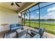 A screened-in lanai offering comfortable seating with serene views of the adjacent lake at 3027 Formia Ct, Lakewood Ranch, FL 34211