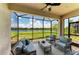 Covered lanai featuring comfortable outdoor seating and scenic views of the lake at 3027 Formia Ct, Lakewood Ranch, FL 34211