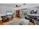 Comfortable living room with hardwood floors, a flatscreen TV, and an outdoor view at 4505 Camino Real, Sarasota, FL 34231