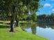A tranquil community pond with a grassy bank and trees at 4505 Kingsmere # 2, Sarasota, FL 34235