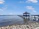 Picturesque waterfront view featuring a long pier with a covered gazebo at 55 Braden Castle Dr, Bradenton, FL 34208