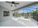 Enclosed lanai with screen, ceiling fan and expansive lake views at 6552 Meandering Way, Lakewood Ranch, FL 34202