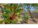 Tranquil backyard featuring lush tropical plants, mature trees and privacy fencing at 755 Edgemere Ln, Sarasota, FL 34242
