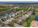 An aerial view of a lovely neighborhood featuring waterfront homes on a scenic lake with lush green landscaping at 8222 Haven Harbour Way, Bradenton, FL 34212