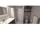 Bathroom featuring a tiled shower with updated fixtures, an updated vanity, and decorative wood shelving at 1016 Rhodes Ave, Sarasota, FL 34237