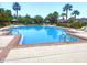 Sparkling community pool surrounded by palm trees, lounge chairs, and umbrella tables at 1721 Palm Warbler Ln, Ruskin, FL 33570