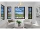 Sitting area with black framed windows overlooking the pool and golf course at 3212 Signet Ct, Sarasota, FL 34240