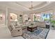 Spacious living room featuring high ceilings, neutral tones, and a large window overlooking the lanai at 6808 Belmont Ct, Lakewood Ranch, FL 34202
