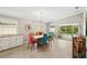 Inviting dining area with a wooden table, colorful chairs, and sliding glass doors opening to the patio at 7632 Quinto Dr, Sarasota, FL 34238