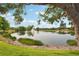 Scenic pond featuring a fountain and surrounded by lush greenery and mature trees at 7632 Quinto Dr, Sarasota, FL 34238