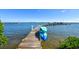 View of a private wooden dock featuring a kayak rack with two kayaks overlooking serene waters at 8779 Midnight Pass Rd # 506H, Sarasota, FL 34242