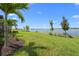 A well-manicured lawn leads to a waterfront view surrounded by decorative plants and palm trees at 1182 Blue Shell Loop, Sarasota, FL 34240