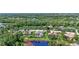 Drone shot of the home surrounded by trees and a pond. Swimming pool in the backyard at 15006 21St E Ave, Bradenton, FL 34212