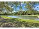 Scenic pond view featuring lush green landscaping and tree lined banks under a blue sky at 15006 21St E Ave, Bradenton, FL 34212