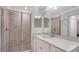 This bathroom features a tiled walk-in shower and a modern vanity with a white countertop at 17704 Gawthrop Dr # 303, Lakewood Ranch, FL 34211
