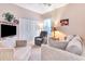 Relaxing living room featuring comfortable seating, a television, and a spacious closet for storage at 24512 Bramhope Ct, Punta Gorda, FL 33980