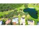 An aerial view of house with screened pool enclosure and a golf course and pond in the background at 2901 Little Country Rd, Parrish, FL 34219