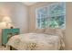 Bedroom offering a large sunny window with decorative floral bedspread and wooden side table at 5044 Creekside Trl, Sarasota, FL 34243