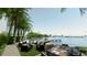 Stunning waterfront view with an outdoor dining area, lounge chairs, and a dock with boats at 688 Golden Gate Point # 201, Sarasota, FL 34236