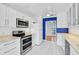 Stylish kitchen with white cabinetry, stainless steel appliances, and blue accent wall adding a pop of color at 149 Small Se St, Port Charlotte, FL 33952