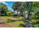 Backyard view featuring a storage shed, green grass, and palm trees, showcasing outdoor space and storage solutions at 3988 Berlin Dr, Sarasota, FL 34233