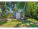 Backyard shed in a serene setting surrounded by lush greenery and palm trees for extra storage at 3988 Berlin Dr, Sarasota, FL 34233