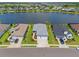 Aerial view of a blue single Gathering home on a lake, featuring well-manicured lawns at 4407 Big Woods Way, Parrish, FL 34219