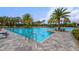 Community pool surrounded by palm trees, lounge chairs, and lush landscaping, providing a refreshing recreational space at 4407 Big Woods Way, Parrish, FL 34219