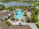 Aerial view of resort style community pool with palm trees and a lake backdrop at 4407 Big Woods Way, Parrish, FL 34219