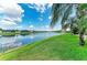 Lush backyard with well-maintained lawn, tropical palm trees and a lake view, perfect for outdoor living at 5319 120Th E Ave, Parrish, FL 34219