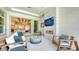 Relaxing patio features a fireplace, ceiling fan, and comfortable seating with an open view to the living room at 7838 Bowspirit Way, Lakewood Ranch, FL 34202