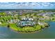 An aerial view showing a community pool, playground, lake, and homes in the neighborhood at 8940 Royal River Cir, Parrish, FL 34219