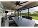 Well-appointed outdoor screened in porch, perfect for relaxing and enjoying meals with overhead fan and seating at 8940 Royal River Cir, Parrish, FL 34219