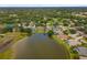 Aerial view of neighborhood with lake views and houses with screened-in pools at 11022 Pine Lilly Pl, Lakewood Ranch, FL 34202
