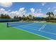 Outdoor tennis court surrounded by lush green grass and palm trees under a partly cloudy sky at 11794 Forest Park Cir, Bradenton, FL 34211