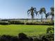 Scenic backyard view of a lush green lawn and palm trees along the lake at 1241 Riverscape St # B, Bradenton, FL 34208