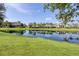 Beautiful pond view with lush green lawn and palm tree reflections under a clear blue sky at 12908 Crystal Clear Pl, Bradenton, FL 34211