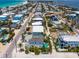 Panoramic aerial view showcasing the house, neighborhood, and beautiful beach, with a pool in view at 2201 Avenue C, Bradenton Beach, FL 34217
