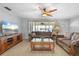 Inviting living room featuring wood flooring, ceiling fan, and comfortable seating, with a bright window view at 2503 Beneva Rd # 7, Sarasota, FL 34232