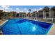 Bright blue community swimming pool surrounded by white fence and lounge chairs in sunny backyard at 3253 Beneva Rd # 103, Sarasota, FL 34232