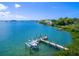 Aerial view of a private dock on the calm bay waters with mature landscaping at 3799 Flamingo Ave, Sarasota, FL 34242