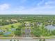 Aerial view of community amenities, including sports fields, a pool, a pond, and landscaped grounds at 5618 Sheer Bliss Loop, Land O Lakes, FL 34639