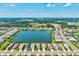 Scenic aerial view featuring residences nestled around a serene lake, showcasing community layout at 13849 Old Creek Ct, Parrish, FL 34219